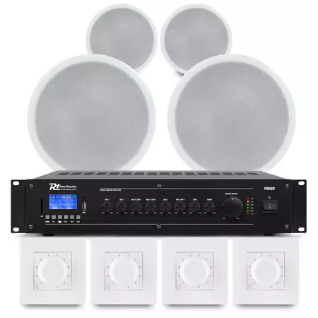 4 strefowy zestaw białych głośników instalacyjnych 4 x 8" CSPB8 100V z wzmacniaczem i kontrolerami głośności 